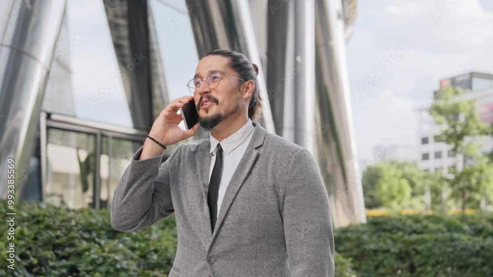 Side view of Caucasian male walking past modern building with large glass windows. Wearing official outfit and talking on mobile phone. Using smartphone for communication. Smiling while talking. Side view of Caucasian male walking past modern building with large glass windows. Wearing official outfit and talking on mobile phone. Using smartphone for communication. Smiling while talking.