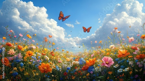 vibrant spring meadow bursting with colorful wildflowers butterflies flitting among the blossoms under a bright blue sky with fluffy white clouds exuding a sense of joy and renewal photo