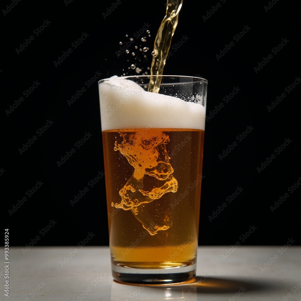 Beer glass with a splash on dark background during pouring Beer glass with a splash on dark background during pouring