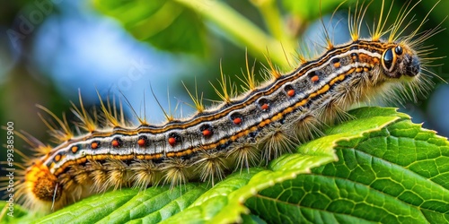 The tent caterpillar's ravenous mandibles chomp down on tender tree leaf segments, yellow-and-black striped body gazing up at the camera with an air of contentment. photo