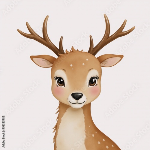 A watercolor close-up Christmas illustration features an adorable deer isolated against a white backdrop in a hand-drawn greeting card style for winter decorations