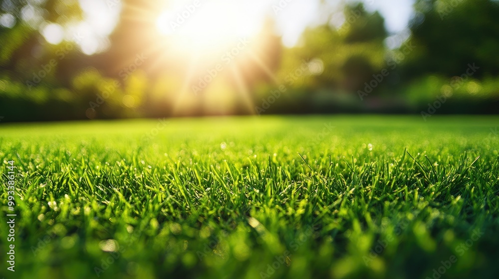 Naklejka premium A freshly mowed, green lawn under soft sunlight, with a close-up of the grass texture. The perfect nature wallpaper for spring or sports field imagery.