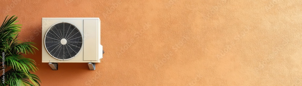 Modern air conditioning unit mounted on a textured orange wall with a touch of greenery nearby for a refreshing ambiance. Modern air conditioning unit mounted on a textured orange wall with a touch of greenery nearby for a refreshing ambiance.