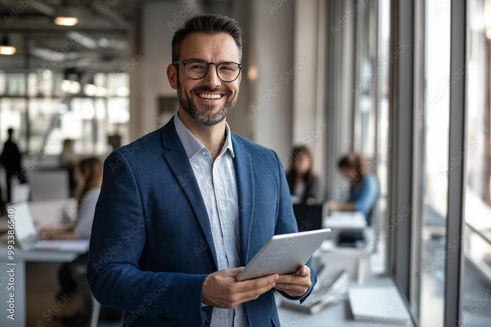 A man in a suit is smiling and holding a tablet. Other people are in the background A man in a suit is smiling and holding a tablet. Other people are in the background