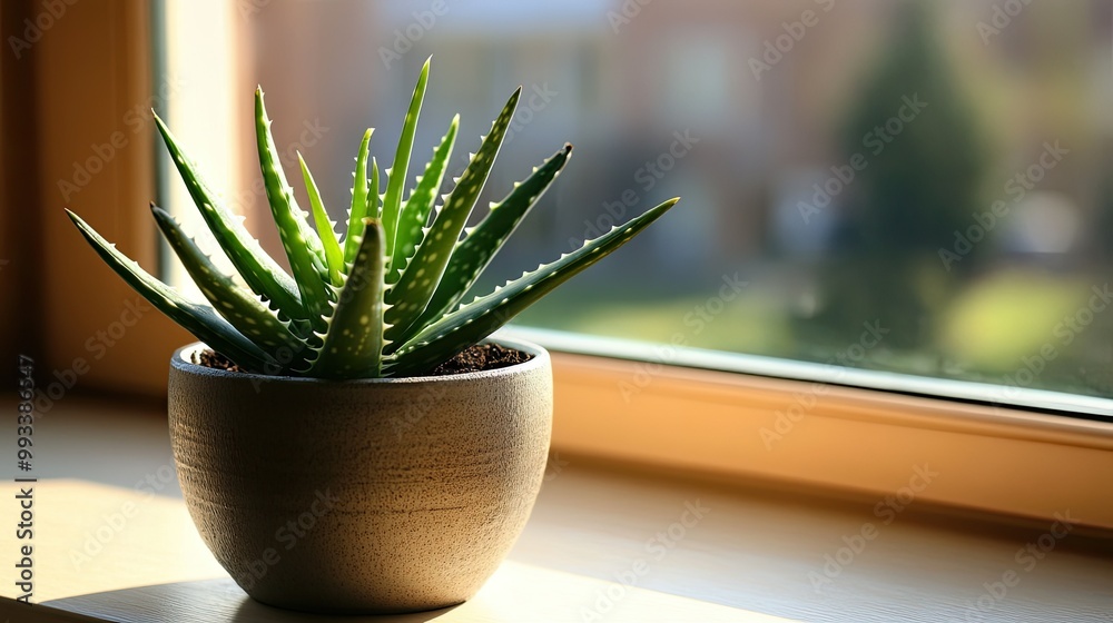 A healthy aloe vera plant in a ceramic pot on a windowsill, bathed in soft sunlight, perfect for showcasing natural home decor and plant care. A healthy aloe vera plant in a ceramic pot on a windowsill, bathed in soft sunlight, perfect for showcasing natural home decor and plant care.