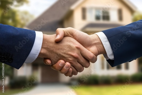 A warm handshake between partners outside a sunny suburban home