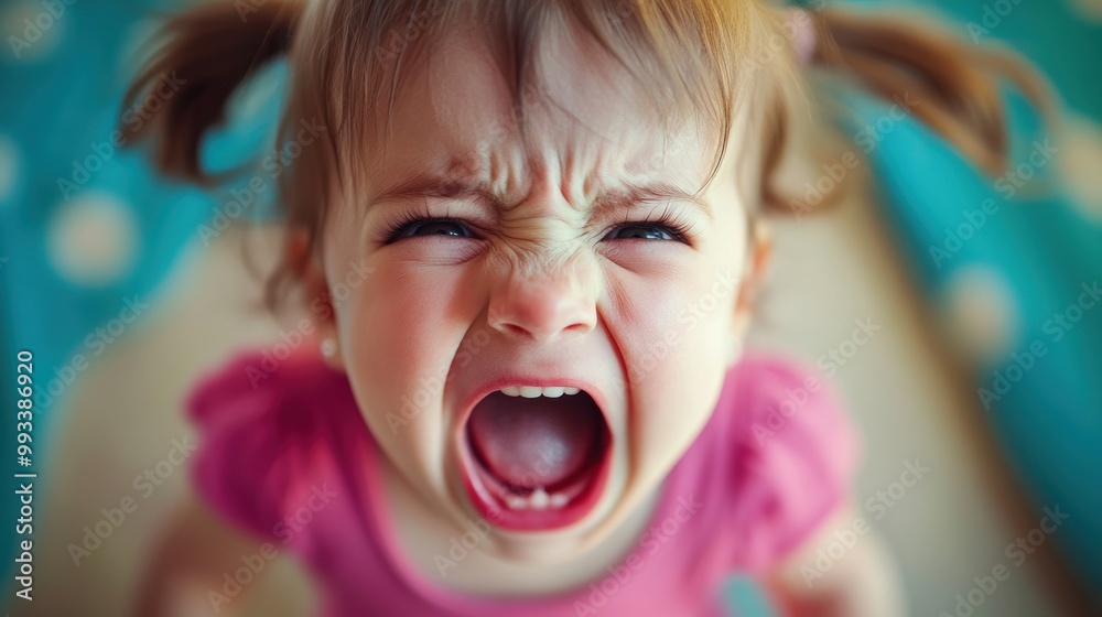 A little girl with pigtails is screaming with her mouth wide open. Her eyes are closed and her face is scrunched up in anger. A little girl with pigtails is screaming with her mouth wide open. Her eyes are closed and her face is scrunched up in anger.