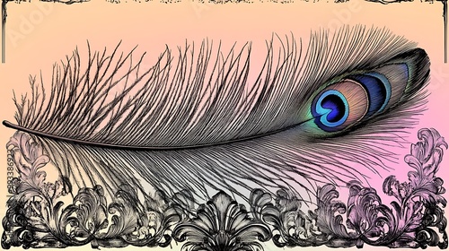 A single peacock feather floating in mid-air, with detailed textures capturing every fine line and shimmer of iridescent colors. The background is a soft gradient, photo