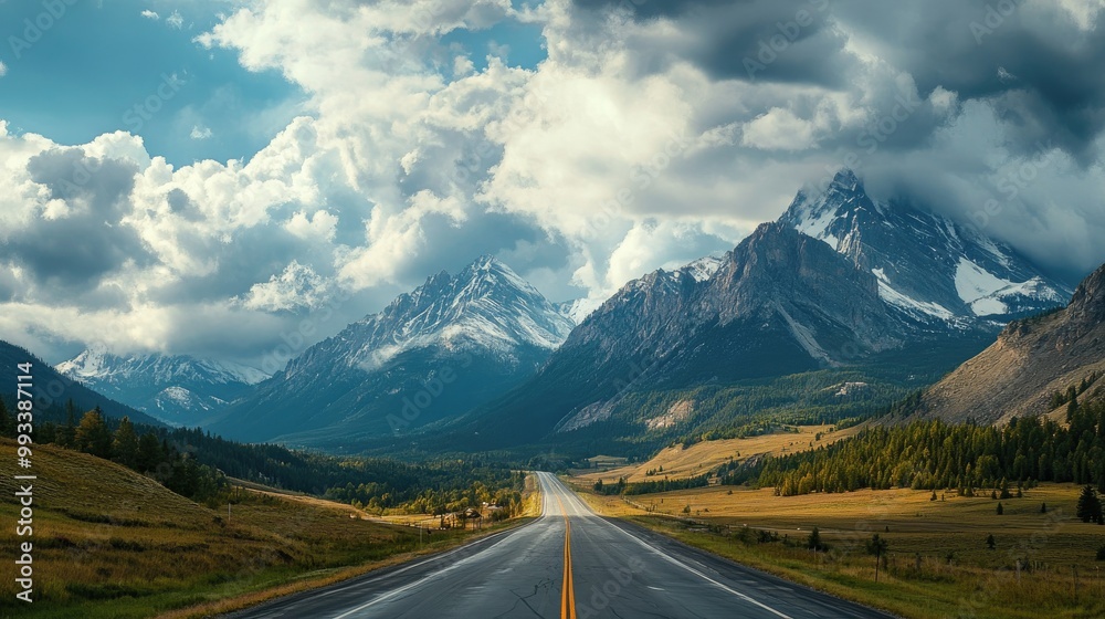 Naklejka premium A highway running along the base of a mountain range, with dramatic cloud formations gathering over the peaks.