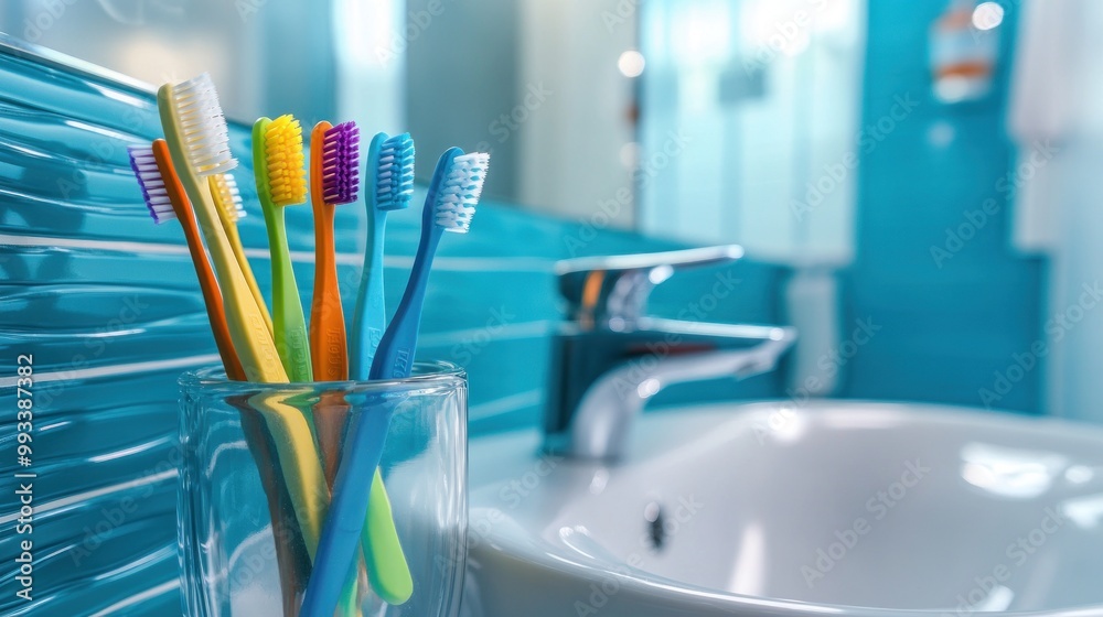 Colorful toothbrushes stand in a glass holder next to a white sink with a blue tiled wall in the background. Colorful toothbrushes stand in a glass holder next to a white sink with a blue tiled wall in the background.