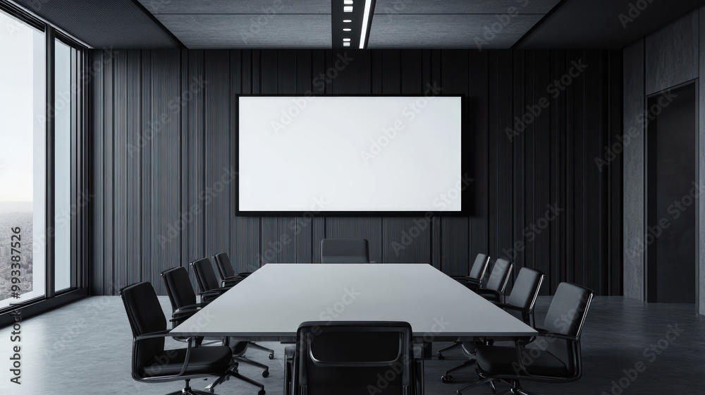 Modern conference room interior with blank screen and white table. Modern conference room interior with blank screen and white table.