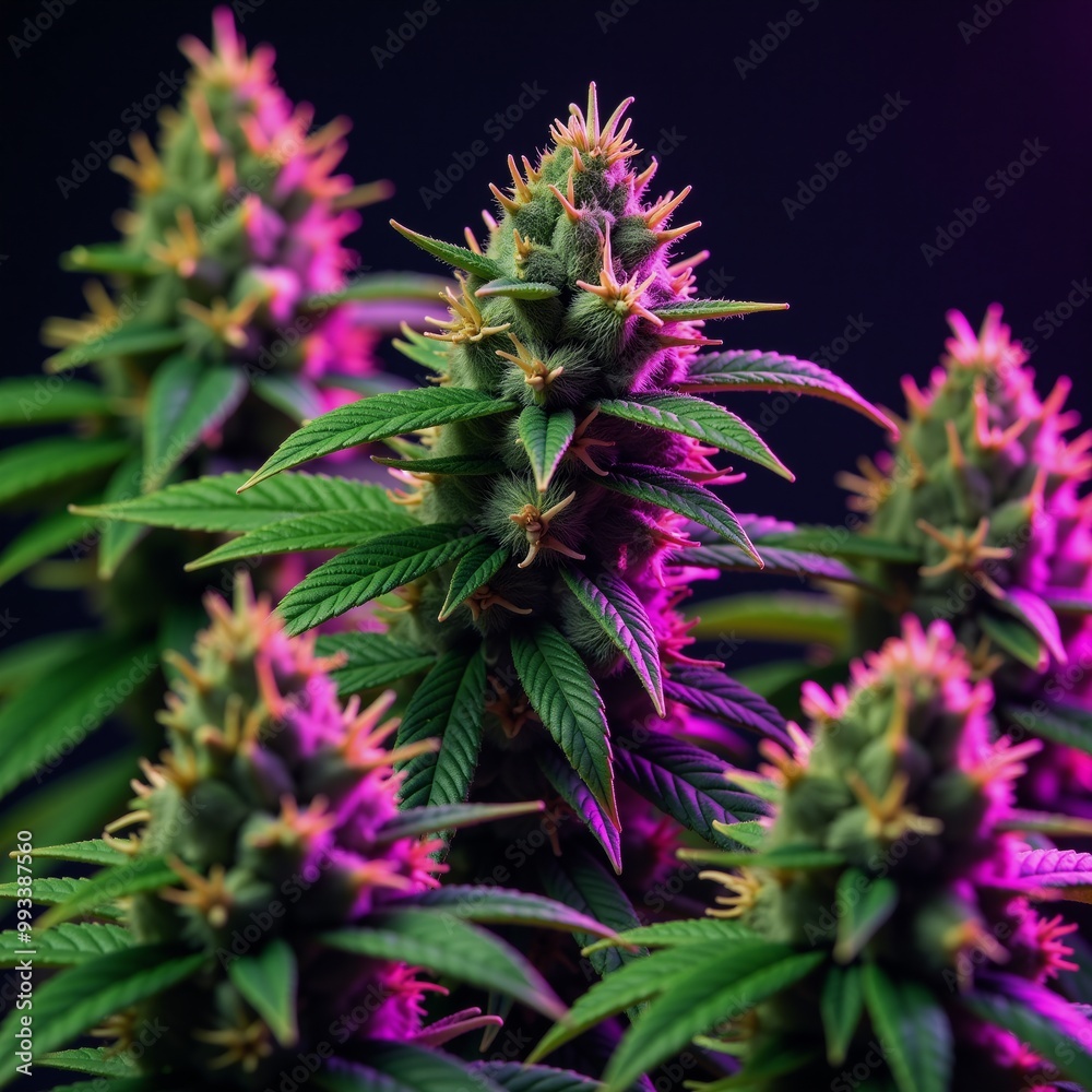 Neon-colored cannabis buds and plants illuminate the scene with energetic hues Neon-colored cannabis buds and plants illuminate the scene with energetic hues