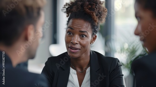 Confident Black Businesswoman Leading a Team Discussion in a Modern Office Environment