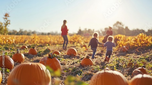 A pumpkin patch filled , ready for harvest, families picking pumpkins, warm autumn colors photo