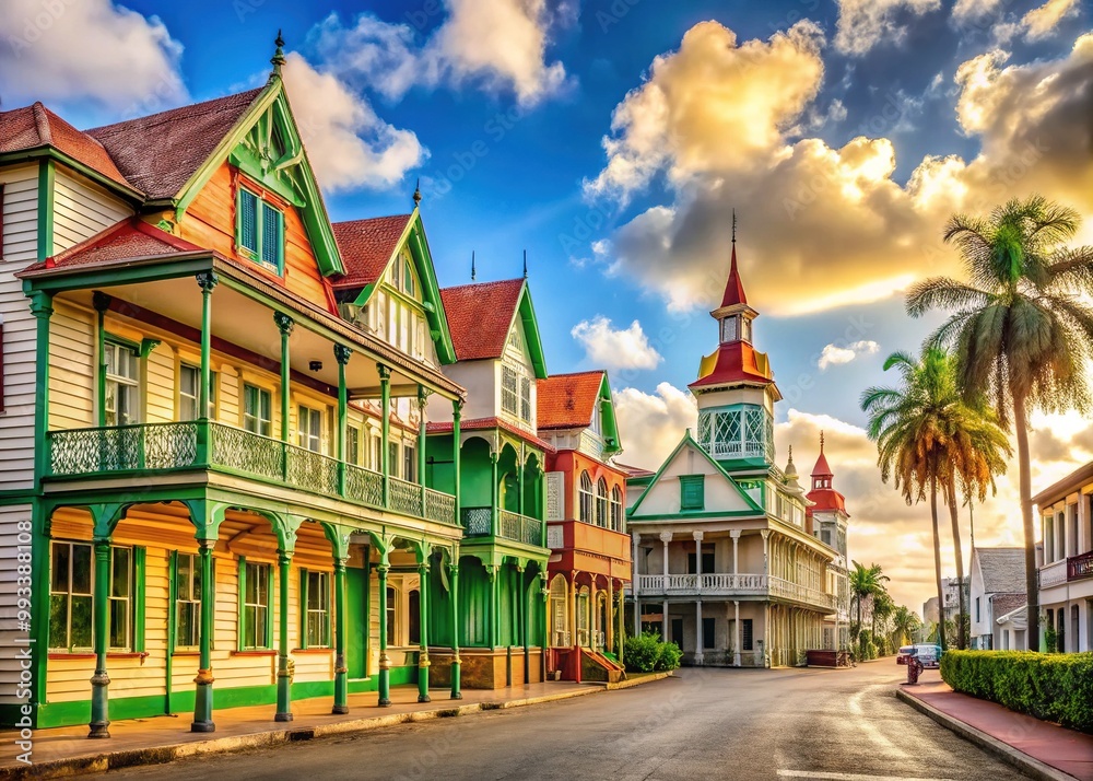 Obraz premium Vibrant Georgetown comes alive in the morning, with colonial-era buildings blending harmoniously with modern structures amidst lush greenery.