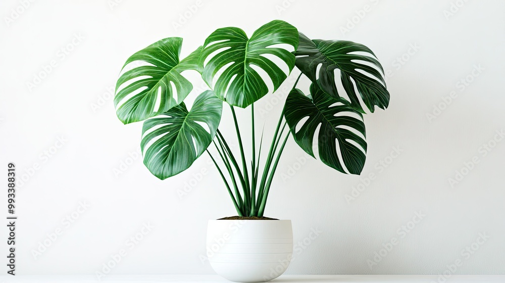 A modern, minimalist setup featuring a Monstera deliciosa in a white pot. The large leaves with natural splits elegantly spread out against a stark white background. A modern, minimalist setup featuring a Monstera deliciosa in a white pot. The large leaves with natural splits elegantly spread out against a stark white background.