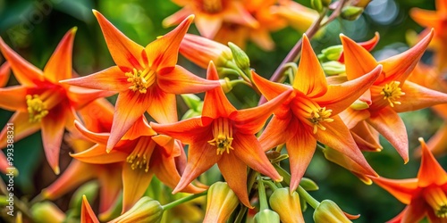 Vibrant orange and yellow astromelias burst forth in full bloom, their trumpet-shaped petals and star-shaped centers radiating against a soft, serene backdrop. photo