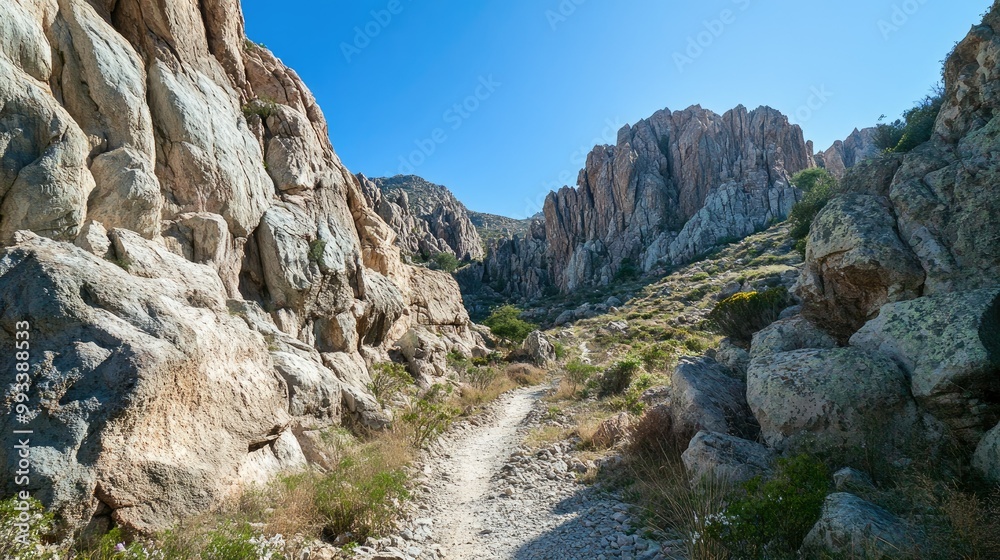 A narrow mountain trail winding through a rocky landscape, with towering cliffs and a clear blue sky above.