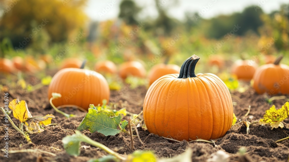 A pumpkin patch filled , ready for harvest, families picking pumpkins, warm autumn colors A pumpkin patch filled , ready for harvest, families picking pumpkins, warm autumn colors