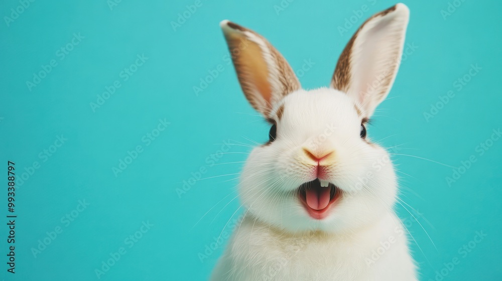 Obraz premium A cute white rabbit with brown ears looking at the camera with its mouth open.