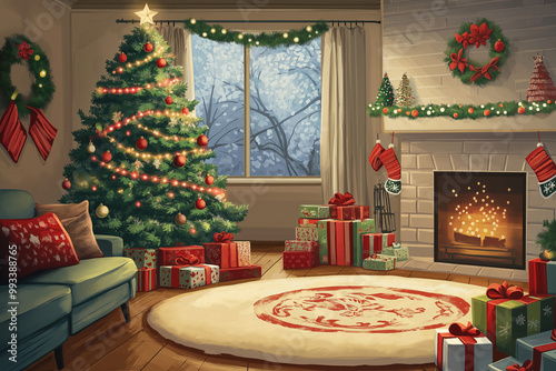 Illustrate a seamless pattern of Christmas tree skirts, presents, and festive ribbons, with a backdrop of a cozy living room 