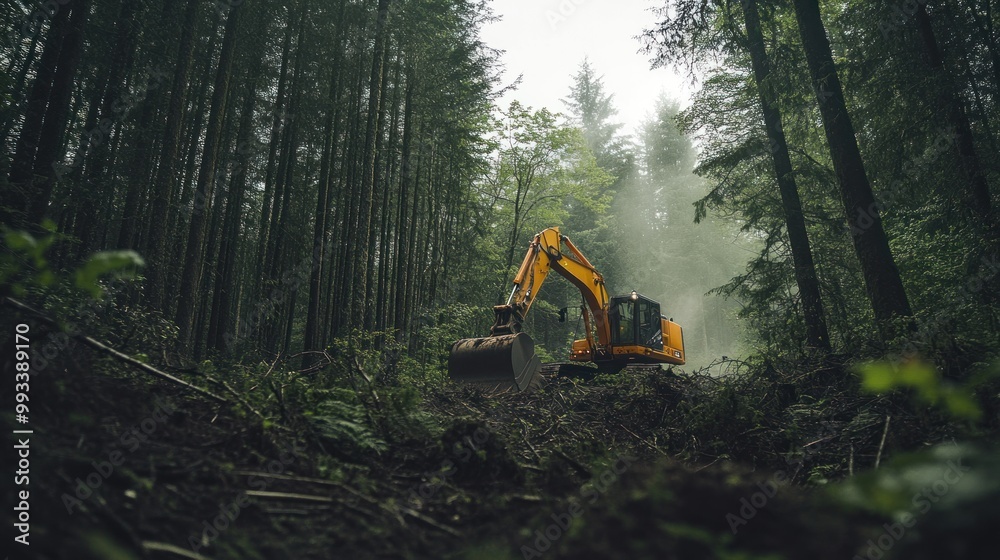 A yellow excavator works in a dense forest. A yellow excavator works in a dense forest.