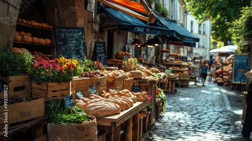 Fototapeta Naklejka Na Ścianę i Meble -  A Parisian street market scene with artisanal breads displayed on wooden tables, surrounded by fresh produce and flowers.