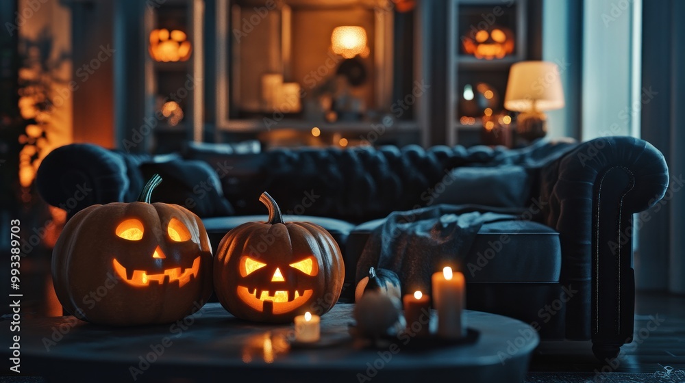 Obraz premium Two lit jack-o-lanterns on a coffee table in a dimly lit living room with a couch in the background.
