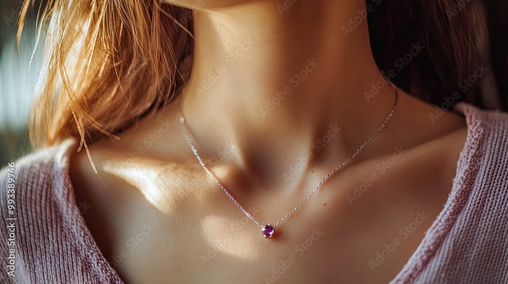 A refined woman wearing a silver necklace with delicate amethyst and aquamarine stones, the gemstones glowing softly under natural light. A refined woman wearing a silver necklace with delicate amethyst and aquamarine stones, the gemstones glowing softly under natural light.