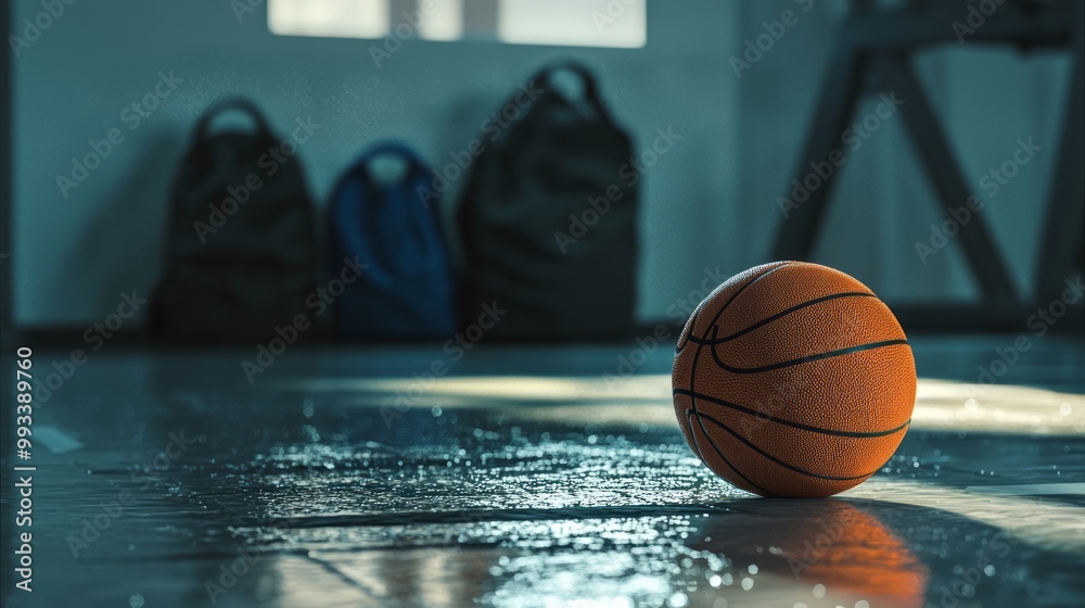 Serene Close-Up of Basketball Resting on Ground with Gym Bags in Background - Ray Tracing Render with Detailed Texture and Shadows Serene Close-Up of Basketball Resting on Ground with Gym Bags in Background - Ray Tracing Render with Detailed Texture and Shadows