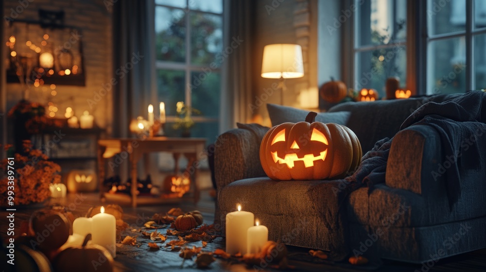 Fototapeta premium A lit jack-o-lantern sits on a couch in a dimly lit room with candles and autumn leaves scattered on the floor.