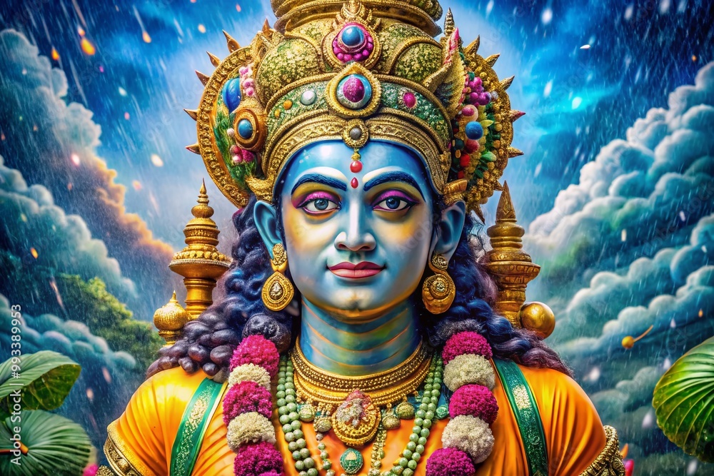 Majestic Representation of Indra, the Hindu God of Rain, Thunder and King of Heaven in Artwork Majestic Representation of Indra, the Hindu God of Rain, Thunder and King of Heaven in Artwork