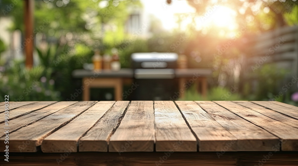 A rustic wooden table with a blurred BBQ grill and patio space in the background. Ideal for emphasizing outdoor dining and summertime cookouts. A rustic wooden table with a blurred BBQ grill and patio space in the background. Ideal for emphasizing outdoor dining and summertime cookouts.