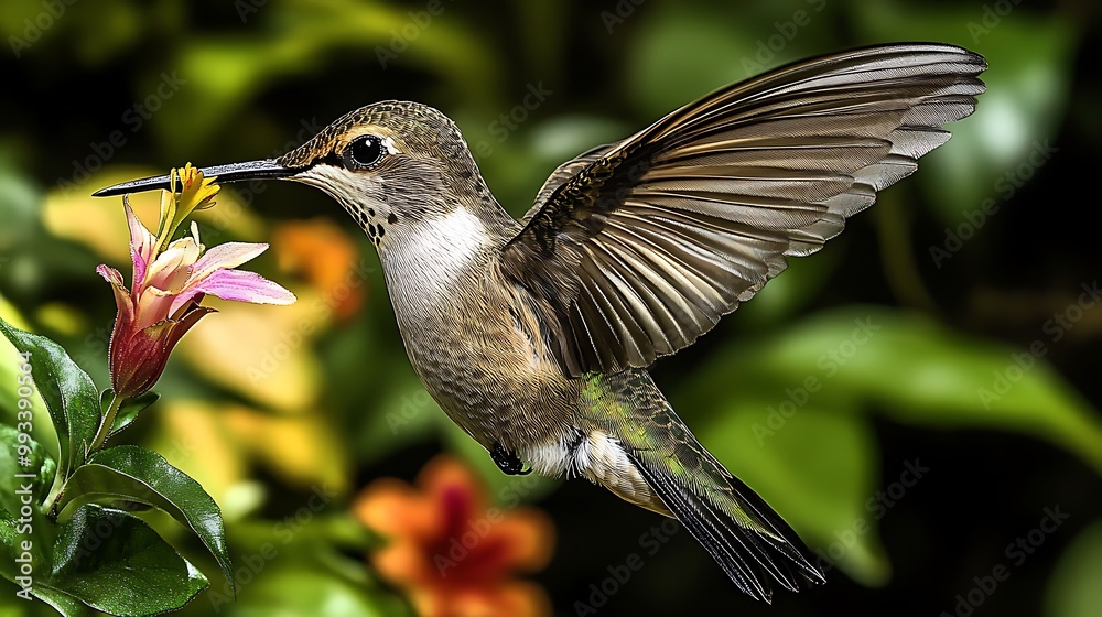 Fototapeta premium A vibrant hummingbird with finely detailed wings, gracefully sipping nectar from a flower in a lush garden. The background features a variety of colorful, blooming flowers and greenery,