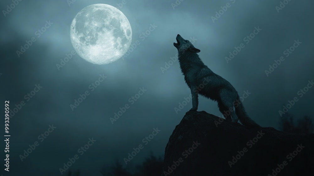 Wolf howling at full moon, night sky background Wolf howling at full moon, night sky background