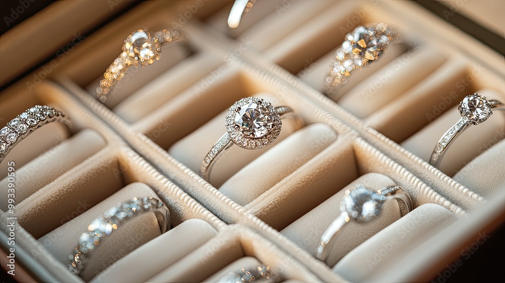 A selection of diamond rings inside a high-end jewelry box, each ring reflecting light beautifully on a soft velvet background. A selection of diamond rings inside a high-end jewelry box, each ring reflecting light beautifully on a soft velvet background.