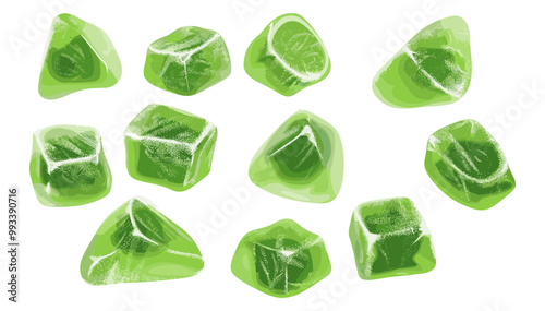 Gummy sugar candies isolated on white background, green jelly vector illustration, colorful gummy sweets, chewy jelly candies, vibrant sugar-coated treats