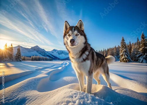 Majestic Siberian Husky Exploring the Snowy Wilderness of Alaska Under a Clear Blue Sky photo