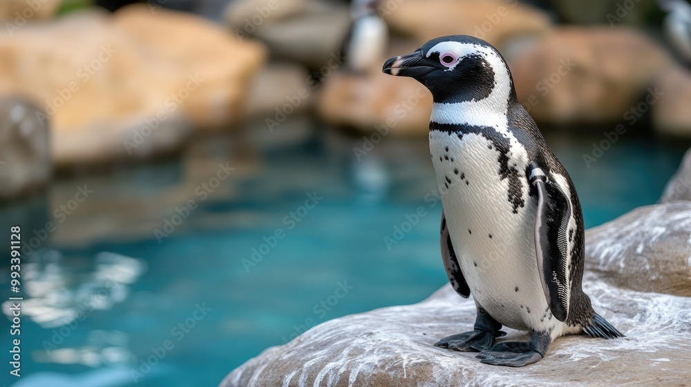 Fototapeta premium African penguin on rock before blue water background