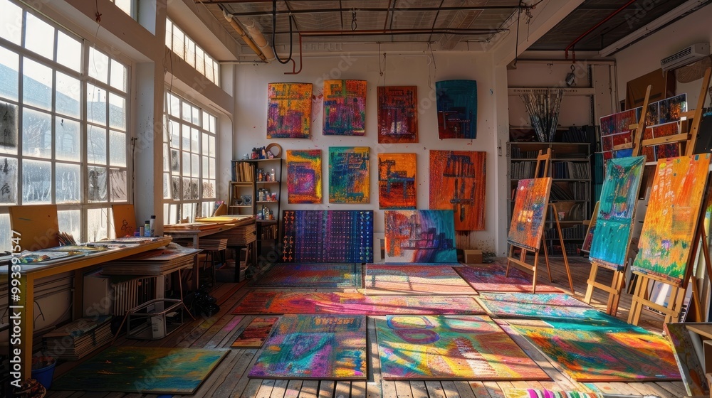 Art room with colorful paintings drying. Art room with colorful paintings drying.