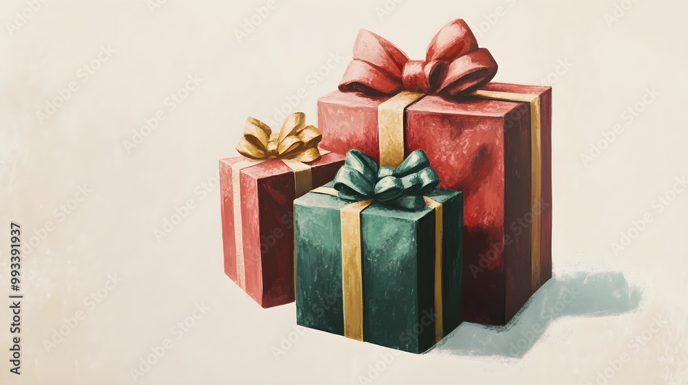 Fototapeta premium Colorful gift boxes with ribbons and bows, festive holiday presents illustration in watercolor style 