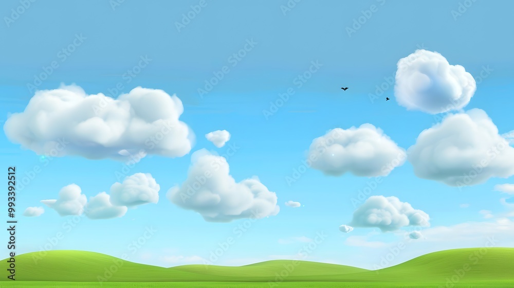 Soft Cartoon Clouds Floating in a Clear Blue Sky with Green Grass and Gentle Hills Below Soft Cartoon Clouds Floating in a Clear Blue Sky with Green Grass and Gentle Hills Below