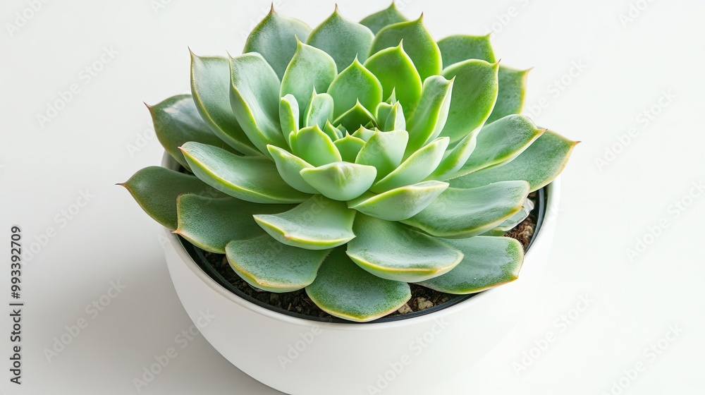 A vibrant green succulent with numerous stems in a smooth white pot. Clean white background provides a simple, modern look for interior decor inspirations A vibrant green succulent with numerous stems in a smooth white pot. Clean white background provides a simple, modern look for interior decor inspirations