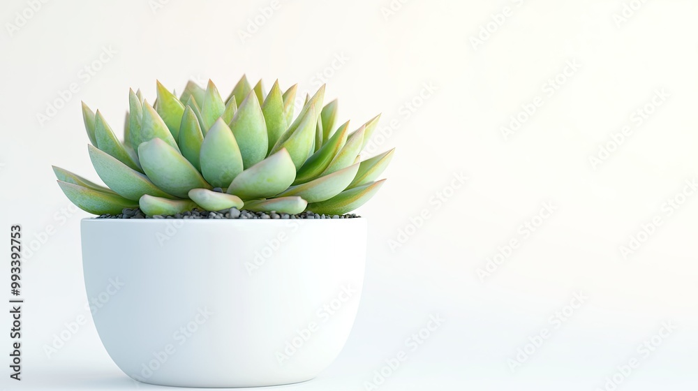A vibrant succulent plant with multiple stems in a sleek white ceramic pot. Set against a pristine white background, perfect for minimalist decor concepts