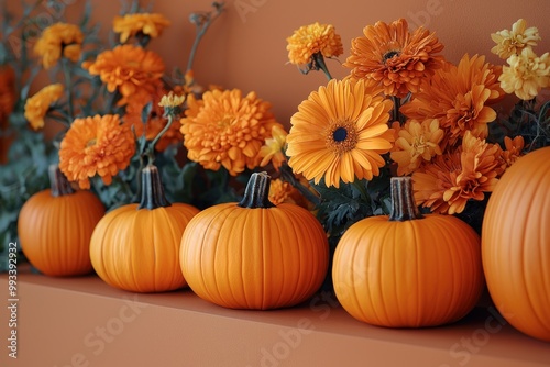 Vibrant autumn display with pumpkins and orange flowers on a matching orange background Generative AI