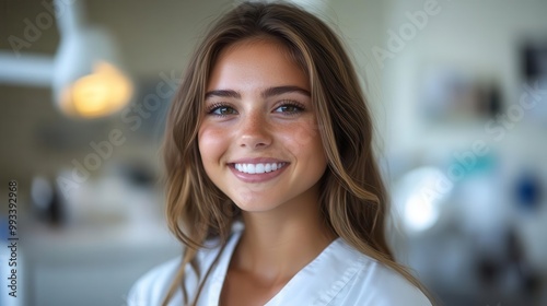 young female dentist radiates happiness in her professional environment showcasing a warm and inviting atmosphere the bright cheerful setting highlights her dedication to dental care