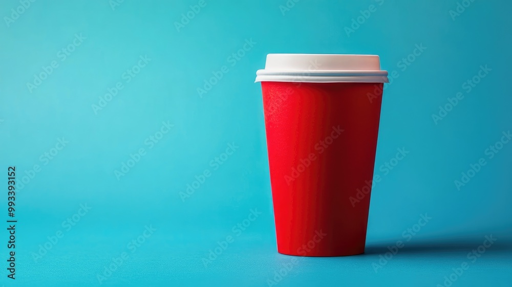 Red disposable coffee cup with white lid on blue background Red disposable coffee cup with white lid on blue background