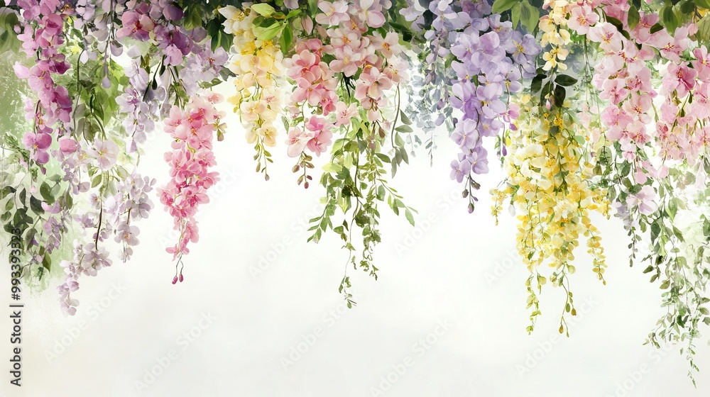 Obraz premium Colorful hanging flowers, white isolate background