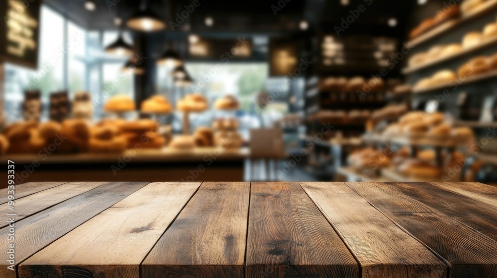 A wooden board table in sharp focus with an abstract blurred view of a bakery shop in the background. Ideal for food-related content or cozy caf settings. A wooden board table in sharp focus with an abstract blurred view of a bakery shop in the background. Ideal for food-related content or cozy caf settings.