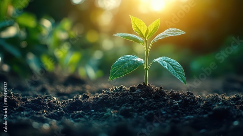 young sapling emerging from rich soil symbolizing reforestation efforts and environmental care framed by sunlight filtering through leaves to promote growth and hope